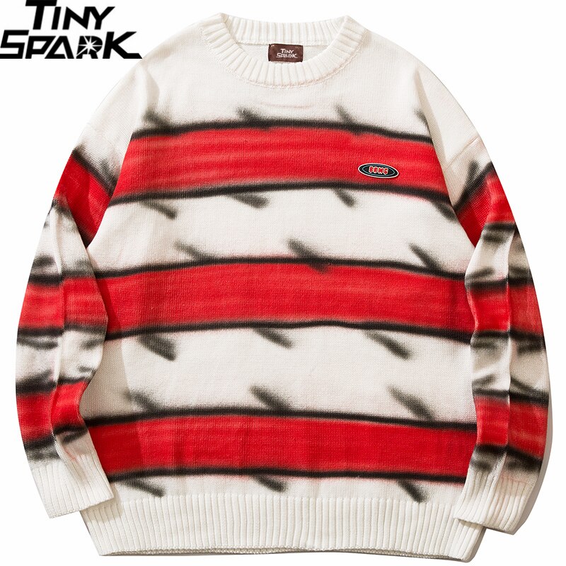 2022 Men Sweater Retro Stripe White Red Streetwear Knitted Sweater Hip Hop Vintage Pullover Autumn Cotton Casual Swe